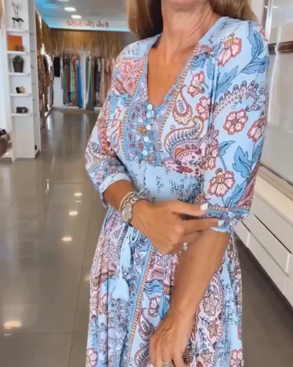 Vestido Floral con Fruncido en el Pecho y Mangas